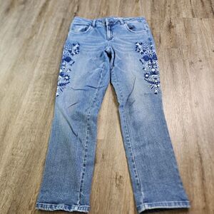 Lucien Promod Women Denim Jeans Sz 6 Floral Embroidered Straight Y2K Medium Wash